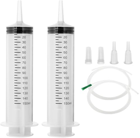 150 ml Återanvändbar Flytande Spruta, 2 st Oljesprutor av PVC Plast med Kateter - Vätskemätning för Husdjursmatning utan Nål