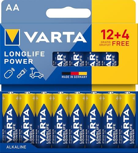 VARTA Piles AA, 12+4 (lot de 16), Longlife Power, Alcalines, 1,5V, emballage recyclé à 90%, adaptées aux jouets, souris sans fil, lampes de poche, Made in Germany