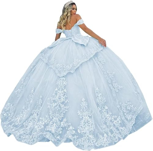 Fuomomo Vestidos de quinceañera de Tul, Vestido de Baile con Apliques de Encaje Brillante, Vestidos de quinceañera, Vestido de Fiesta Largo de Princesa con Hombros Descubiertos y Vuelo MT038