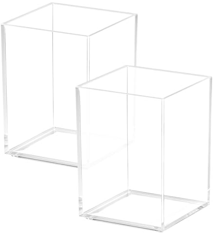 QWORK® 2 Pièces pots à pinceaux de maquillage en acrylique, porte-crayons, organisateurs de bureau transparents pour le bureau, la salle de classe et la maison