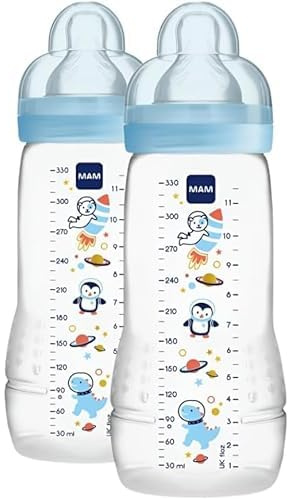 MAM Biberon Easy Active Baby Bottle 330 ml (Set da 2), Kit da 2 biberon MAM per bambini attivi ergonomici e pratici, Accessori neonato 4+ mesi allattamento con tettarella misura 3, Azzurro assortito