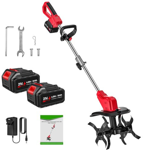 Electric Garden Rotavator, 21V Cordless Tiller with 2 x 4.0Ah Battery, Double Drum 4 Blades, LED Display, 300 RPM Speed, 30cm Tilling Width, 22cm Working Depth, Battery Tiller For Farm,Yard,Lawn