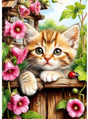 DPHERO Kitten Diamond Painting Kits for Beginners Adults,5D DIY Petunias Diamond Art Kits,Round Full Drill Pink Flowers Gem Art Crafts,DIY Cat Painting by Numbers for Home Wall Decor 12x16 inch