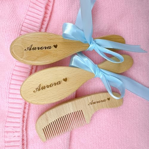 Ensemble Personnalisé De Brosse Et Peigne En Bois Pour Bébé, Brosse À Cheveux Pour Bébé Avec Nom Gravé, Cadeaux Attentionnés Pour Nouveau-né Garçon/fille