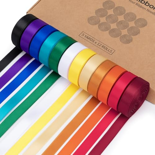 Keypan Regenbogen Satinband 9mm x 12 Rollen (Gesamt 55m) Doppelseitiges Buntes Band für Basteln Blumensträuße Geschenkverpackung Schleifen