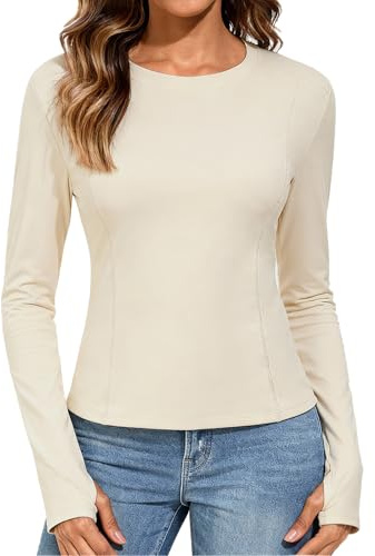 UMIPUBO Thermal Tops Womens Long Sleeve Sports Running Base Layer Fleece Lined Ladies Cropped Top Underwear Warm Shirt with Thumb Hole Slim Fit Basic Lightweight for Gym Yoga Workout (Beige, XXL)