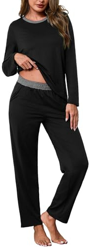 Crewhpo Pigiama Donna Cotone Leggero Pigiama Invernale Girocollo Pigiama Lungo Due Pezzi con Maglietta Maniche Lunghe e Pantaloni Lunghi Pigiama da Casa Casual Nero L