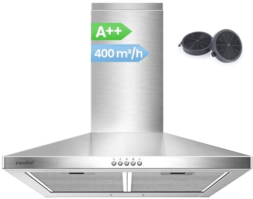COMFEE' CH60A17EM400SS A++ Dunstabzugshaube 60cm Umluft & Abluft, Wandhaube mit Aktivkohlefilter, 400m³/h Luftstrom, 5 Schichten Waschbarer Fettfilter, Einstellbarer Kamin, Silber