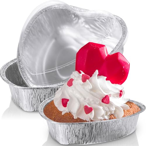 Hushee 3 Pcs 27 oz Valentine's Day Heart Shaped Cake Pan with Lid 7.4 Inch Aluminum Foil Disposable Cupcake Baking Pan Heart Food Packing Muffin Tin Liner Pudding Cooking Cup for Mother's Day