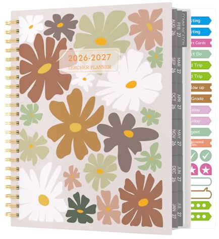 Teacher Planner 2026-2027, August 2026 - July 2027, Academic Diary Teachers Lesson Planner Book with Stickers, 8.5 x 11, Wirebound, Laminated Tabs, Pocket - Easily Organize Class Schedule - Floral