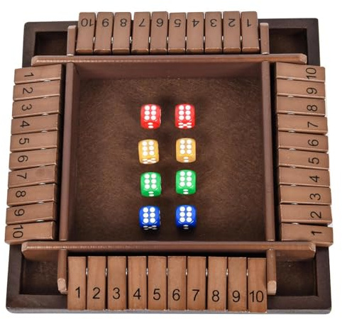 DIGNFENG Shut the Box spel 4-spelare, tärningsspel i trä – fällbart brädespel med 8 färgtärningar brädspel vuxna och barn, brädspel för familj resor pub – brun