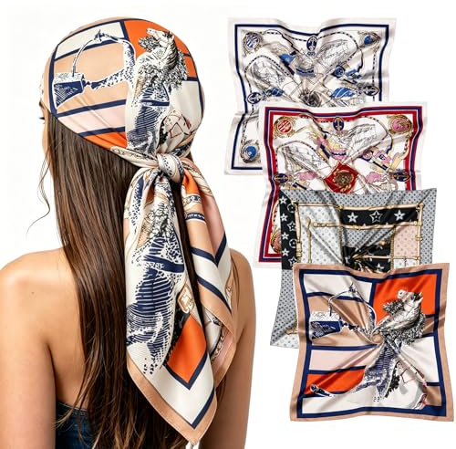 CHUANFU 4 stycken 90 x 90 cm kvadratiska halsdukar, huvudduk för kvinnor, bandanas hårscarf hårprydnad, modeduk sidenscarf lätt sidenscarf, present till halloween karneval kostym tillbehör