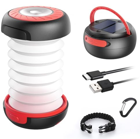 GlobaLink Camping Lantern, LED Rechargeable Camping Light, Solar/USB Powered Collapsible Tent Light with First-Aid Whistle, Camping Lamp for Outdoor Hiking Tent Garden, Emergency Charger for Phone