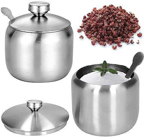 Yueser Stainless Steel Sugar Bowl, 2pcs Small Sugar Bowl Stainless Steel Sugar Bowls Salt Pot with Lid and Sugar Spoon for Home Kitchen and Cafes