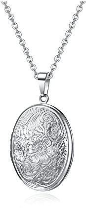 Zysta Vintage Charms Medaillon Kette für Foto Bilder, Silber Rund/Herz Anhänger zum Öffnen mit Blumen Muster Herzanhänger Amulett für Damen Mädchen (Oval Anhänger)