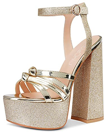 NobleOnly Donna Sandali Plateau Tacco a Blocco 15CM Platform High Heels Oro Glitter Scarpe EU 38