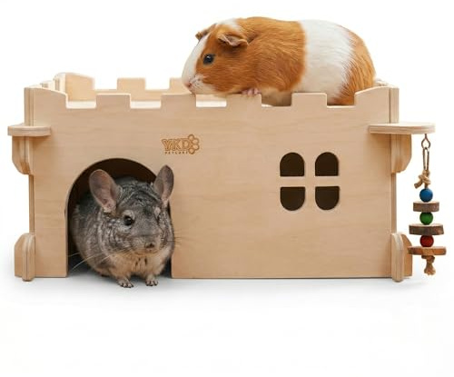 Castle Chinchilla House, Small Animal Hideout for Chinchilla, Guinea Pig, Hedgehog, or Rat, Ventilated Wooden Guinea Pig Hut Habitat with Multiple Doors (Large)
