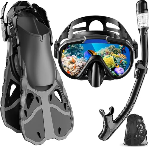 Vengreedo Snorkel Set with Fins for Adults, Snorkeling Gear for Adults Men and Women, Snorkle, Mask Set Dry Top Snorkel Mask Combo Set with Travel Bag for Snorkeling, Diving, Swimming