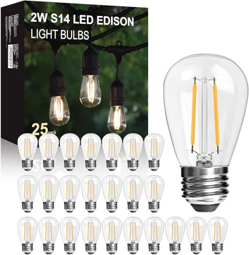LangPlus+ 25Pack 2W S14 LED Glass Bulbs for Outdoor String Lights Replacement, E26 Medium Screw Base, 2700K Warm White LED Edison Light Bulb, 2 Watt to Replace 11w/20w/25w s14 Incandescent Bulbs