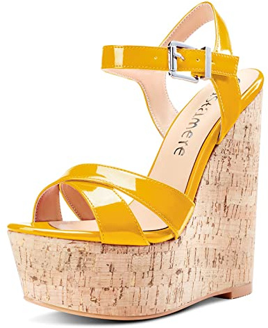 Castamere Scarpe col Tacco Donna Moda Sandali con Zeppa Plateau Wedge High Heels Giallo Pelle Verniciata Scarpe EU38