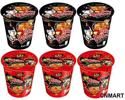 CNMART Korean Buldak Ramen Cup Set - Hot Chicken and Double Spicy Assorted Challenge Cup Halal 70g (Pack of 6) with Chopsticks