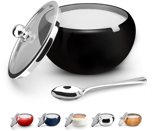 KooK Sugar Bowl, Sugar Bowl with Lid and Spoon, Sugar Container with Lid, for Salt, Coffee, Holds 2 Cups, Dishwasher Safe, Matte Black, 16 Oz