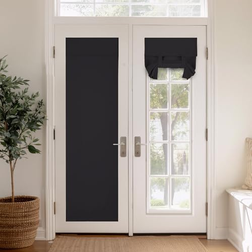 PONY DANCE Blackout French Door Curtain, Black, 1 Panel, W26 x L69 Inch | Self Adhesive No Drill, Privacy &Thermal Insulated, Fits Kitchen, Front, Back Doors and Patio Windows, Renter Friendly