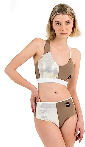 Invertika Completo Top Donna - Slip Donna - Intimo Sportivo - Pole Dance in Lycra Contenitivo Double Face Reversibile Made in Italy (L, Beige/Oro)