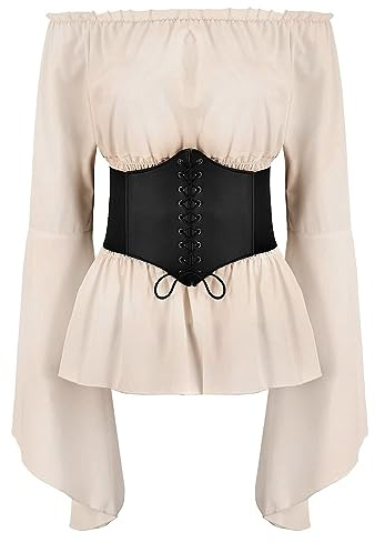OBEEII - Haut-t-shirt Renaissance pour femme - Manches à volants élastiques - Col à volants - Blouse de pirate - Costume médiéval victorien - Steampunk - Cosplay - Carnaval - Haut à manches longues
