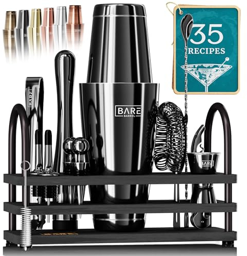 BARE BARREL® Mixology - Set da barista da bar, set da 14 pezzi, shaker per cocktail, strumenti di miscelazione per barista a casa, 35 biglietti di ricette, set regalo (shaker Boston da 88 once, nero