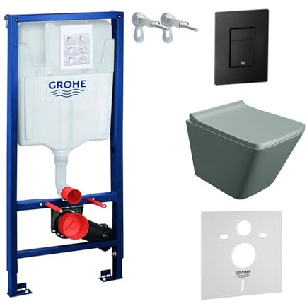 LAVITA Elemento da parete Solido + parete sospesa WC Lago grigio senza bordi + sedile WC SoftClose | pulsante nero | set completo | cassetta di risciacquo da incasso | WC completo | set completo |