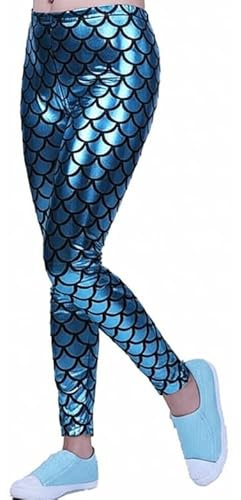 ANZEE Kids Girls Full Length Elastic Waist Metallic Mermaid Shiny Fish Scale Print Disco Legging Children Wet Look Comfortable Stretchy Tights for Party Dance Pants (7-8 Turquoise)