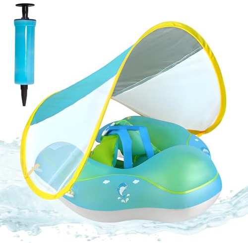 ACTOYS Bouee Bebe, Baby Float Bouée pour Bébé, Bouee Enfant, Bouee Pisicne Bebe, Bouee Bebe avec Pare Soleil, Bouée pour Enfant, Bouée de Natation Gonflable (Dauphin, L : 12-36 Mois)