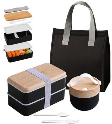 Aiuuee Bento Lunch Box avec Sac Kit, 1400 ML Boite Repas avec 11 L Sac Isotherme Repas et 600ml Mug Soupe et Couverts, Lunchbox Micro Ondable, Boite Bento Travail Adulte（Noir）