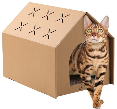 Aitmexcn Cardboard Cat House with Scratcher & Catnip - Indoor/Outdoor Hideout & Scratch Box for Cats, Rabbits, Small Pets, Eco-Friendly Playhouse (43x34x32 cm)