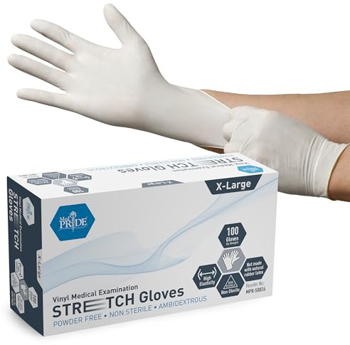 MED PRIDE White Medical Disposable Ultra-Stretch Vinyl Gloves, Heavy-Duty, Powder-Free/Latex-Free, Ambidextrous Medium 100 White