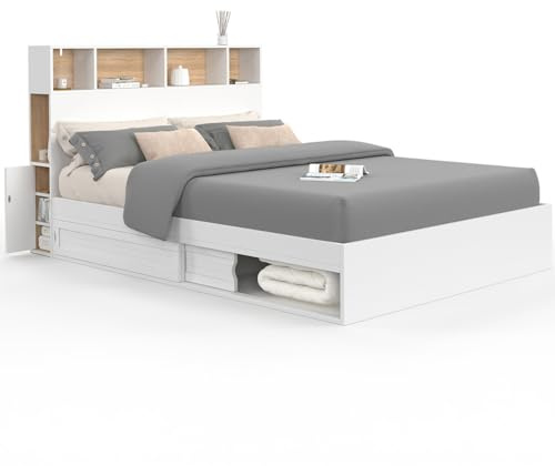 IDMarket - Lit Double Clem avec tête de lit, rangements et sommier 140 x 190 cm Blanc