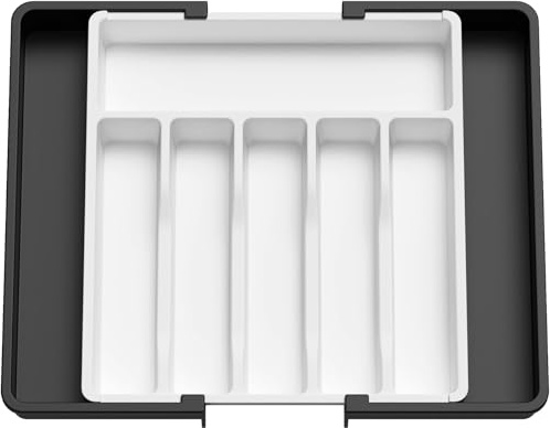 Lifewit Expandable Cutlery Drawer Organiser, 6-8 Compartments Utensil Tray | Adjustable Kitchen Drawer Dividers for Spoons Forks Knives, Plastic Storage Holder, 33-57 x 38cm, Large, White& Black