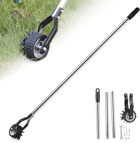 Cortacésped manual con mango de acero inoxidable de 53.2 pulgadas, herramienta giratoria para césped con rueda para paisajismo, acera y mantenimiento de patio