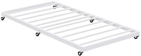 Lutown-Teen Twin Trundle Bed Frame with Metal Slats, Roll-Out Design, Easy Assembly Steel Frame with Lockable Wheels, Noiseless Pull Out Bed for Bedroom, Living Room or Guest Room, White