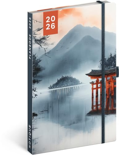 NOTIQUE Möteskalender 2026 ca A5-2-i-1 kalender och anteckningsbok, inbunden veckoplanerare med gummibandstängning, 144 sidor möteskalender, bokkalender, planbok (Japan)