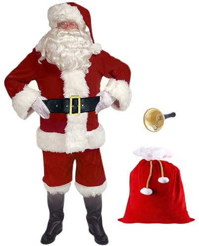 Obelunrp Santa Claus Costume 11PCS/Set Santa Outfit for Men Women Christmas Costumes Include Jacket Trousers Hat Wig Beard Glasses Gloves Bell Boot Covers Belt & Bag 4XLSanta Outfit Men