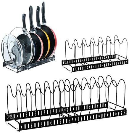 KATLKIU Porta Coperchi Pentole e Padelle Estensibile, Organizer Cucina 2 Pezzi con 20 Divisori Regolabili a U, Supporto Porta Pentole per Cassetto, Mobile e Piano di Lavoro, Nero