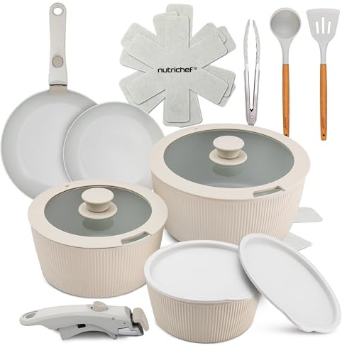 NutriChef Ensemble d'Ustensiles de Cuisine en Céramique de 18 Pièces avec Poignées Détachables, Casseroles et Poêles Antiadhésives, Revêtement Céramique Naturel sans PTFE, Design Gain de Place
