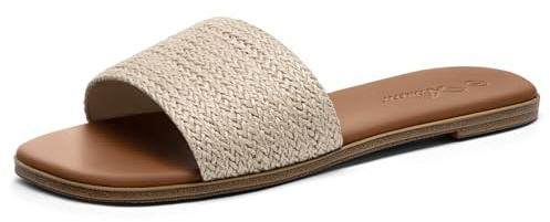 Athlefit Women's Raffia Flat Sandals Square Open Toe Comfortable Slip On Summer Beach Casual Slide Sandals Size 8