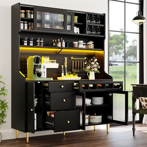 Kebnor Armarios altos para salón, armario de cocina, armario de comedor, armario de salón con estantes ajustables, armarios con iluminación LED, cajón con estante para vino, 145 x 39 x 171 cm (negro)