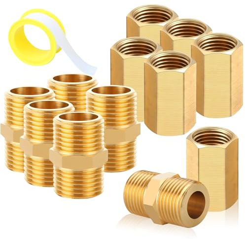 Lot de 12 douilles doubles en laiton 3/8 et manchon, filetage hexagonal, AG/IG | 6 raccords filetés extérieurs 3/8 et 6 manchons filetés intérieurs 3/8, raccord pour tuyau d'eau et tuyau de gaz