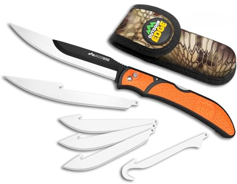OUTDOOR EDGE RazorBone Replaceable Blade Folding Hunting Knife with Clip & Sheath, 3 Butcher Knife Blade Styles - Boning, Gutting, & Skinning Knives. Blaze Orange, Camo Sheath, 6 Blades & Blade Box