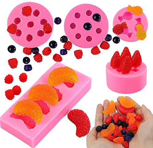 Juome 5Pcs Fruit Shaped Jelly Molds, 3D Mini Pineapple Strawberry Orange Blueberry Mulberry Candle Silicone Fruit Mold for Cupcake Decorating, Soap, Chocolate