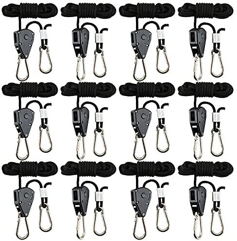 12 Pack Rope Clip Hanger 1/8 Inch 8 FT Adjustable Lifting Pulley Lanyard Hanger with M5 Iron Galvanized Carabiner, Reinforced Metal Internal Gears Ratchets 150lbs Capacity, Black